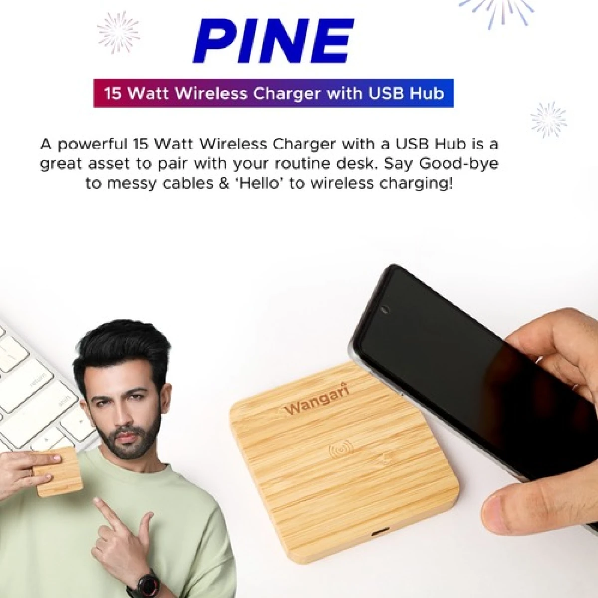 Pine 15W Square Bamboo Wireless Charger with USB Hub